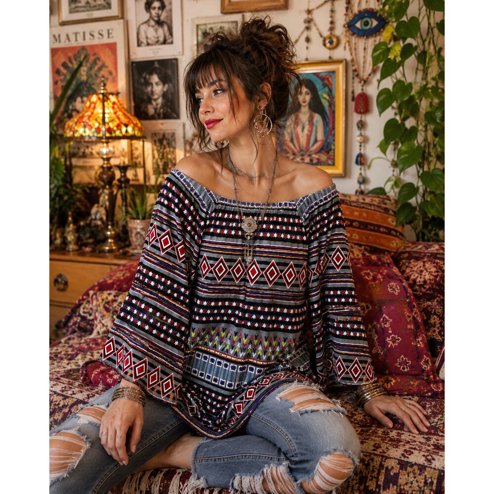 Ali Miles Peasant Blouse Size Large Geometric Boho Bell Sleeve Artsy Eclectic